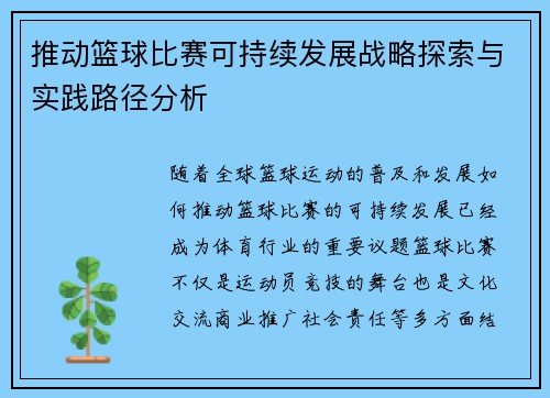 推动篮球比赛可持续发展战略探索与实践路径分析 推动篮球比赛可持续发展战略探索与实践路径分析