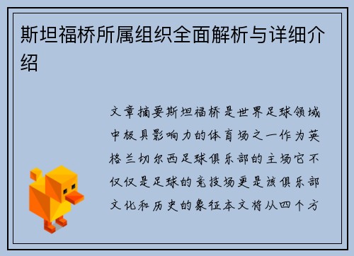 斯坦福桥所属组织全面解析与详细介绍